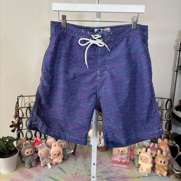 TRUNKS Men's Blue Swim Shorts size medium Velcro fly spiral print - Picture 4 of 8